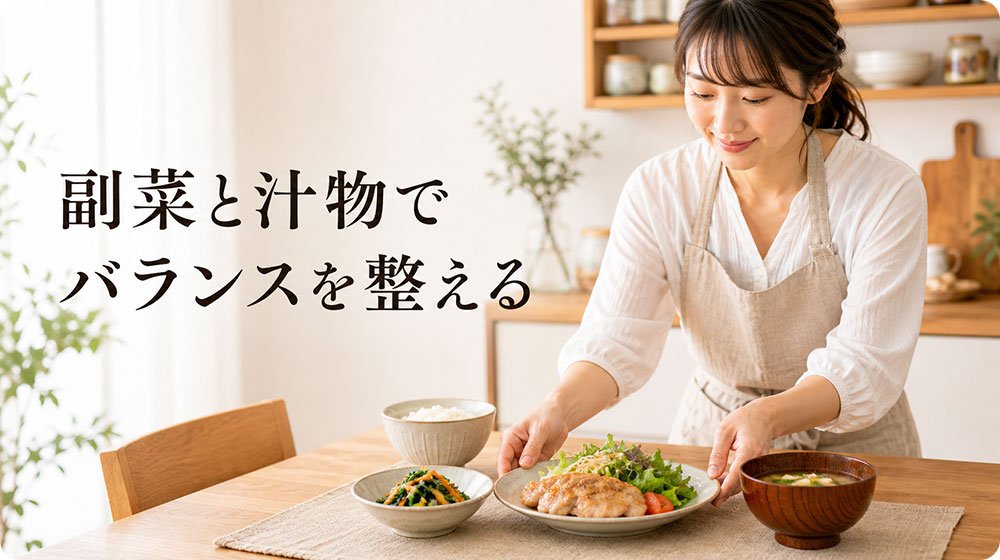 副菜と汁物で味・色・食感のバランスを整える
