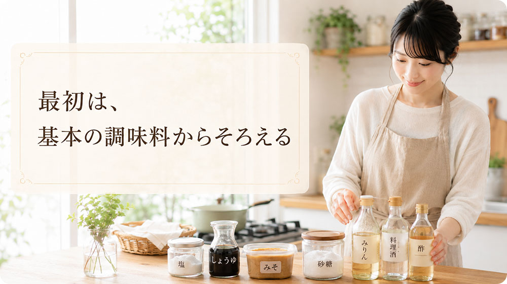 最初は、塩・しょうゆ・みそ・砂糖・みりん・酒・酢からそろえる