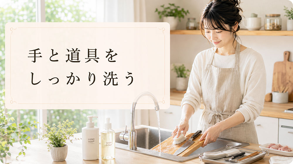 生肉や魚を触ったあとは手と道具をしっかり洗う