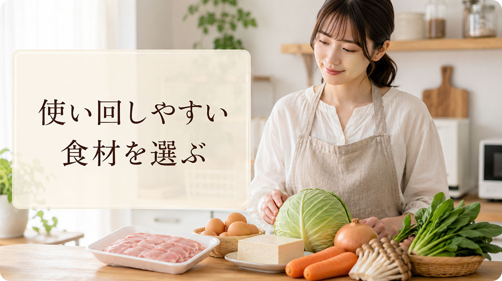 肉・卵・豆腐・野菜など使い回しやすい食材を選ぶ