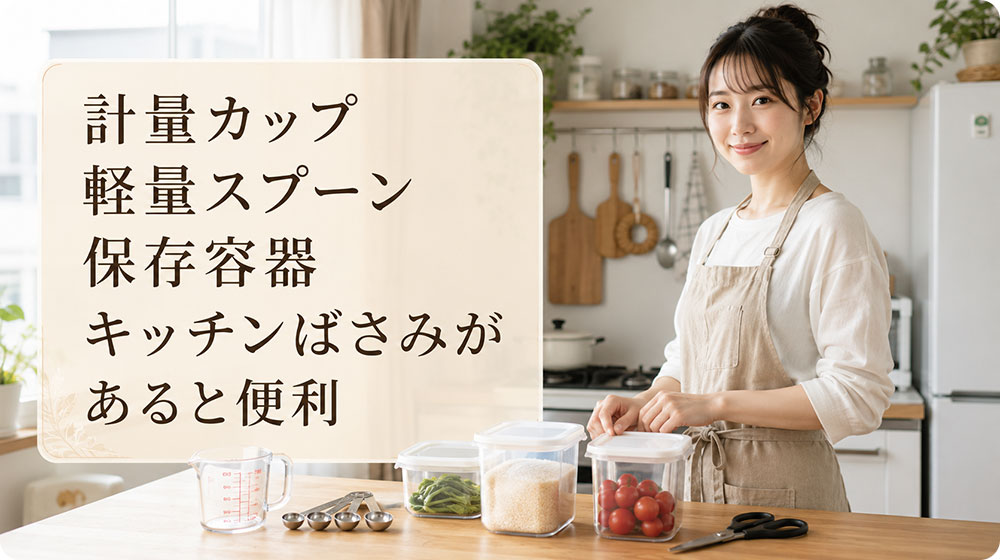 計量カップ・軽量スプーン・保存容器・キッチンばさみがあると便利