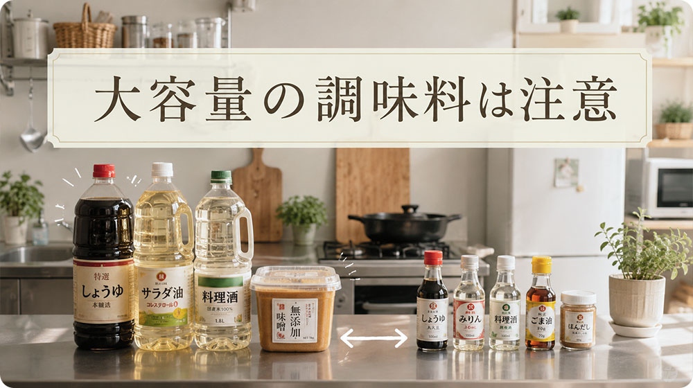 大容量の調味料は使い切れないことがあるので注意する