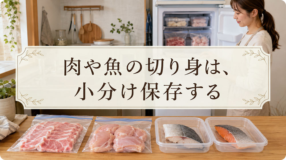 肉や魚の切り身は一回分ずつ小分け保存する