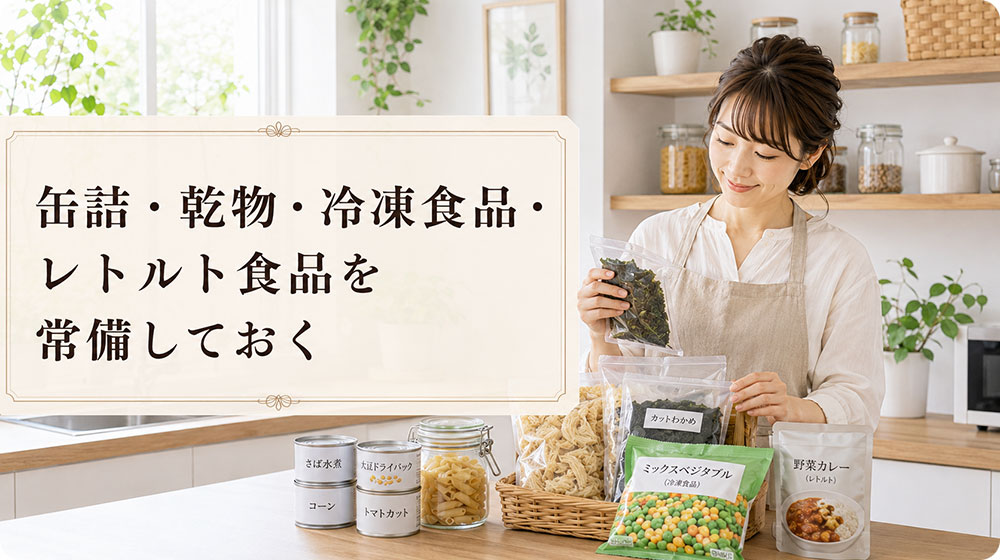 缶詰・乾物・冷凍食品・レトルト食品を常備しておく