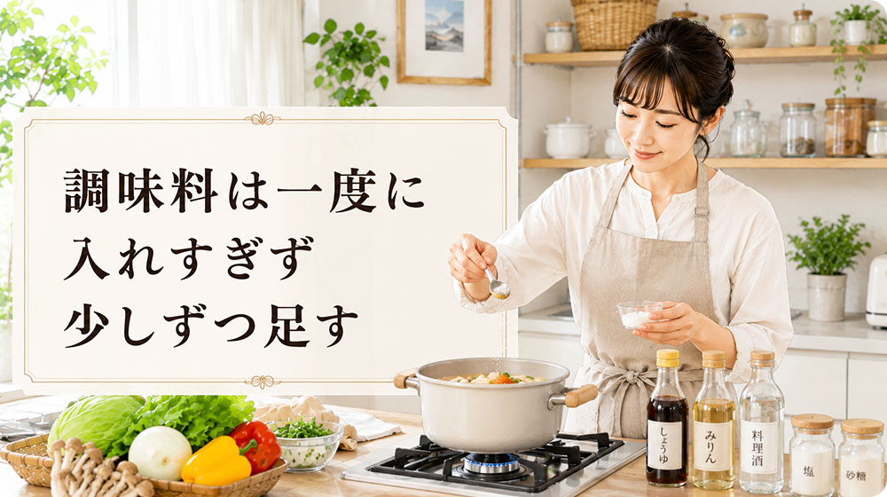 調味料は一度に入れすぎず少しずつ足す