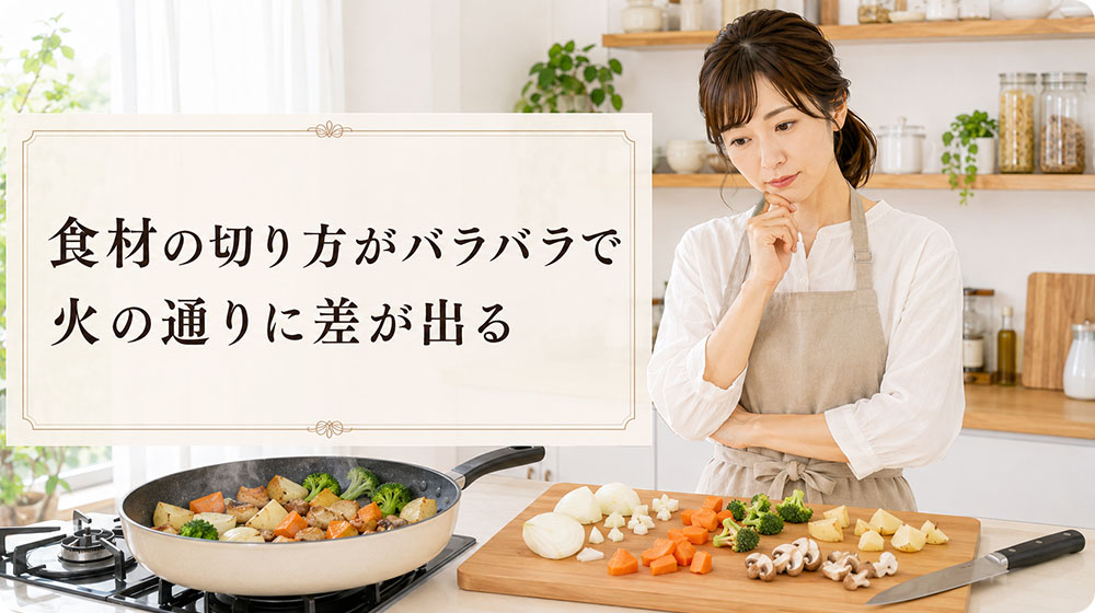 食材の切り方がバラバラで火の通りに差が出る