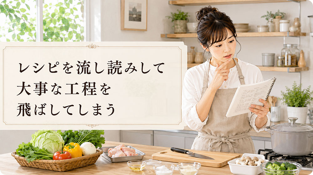 レシピを流し読みして大事な工程を飛ばしてしまう