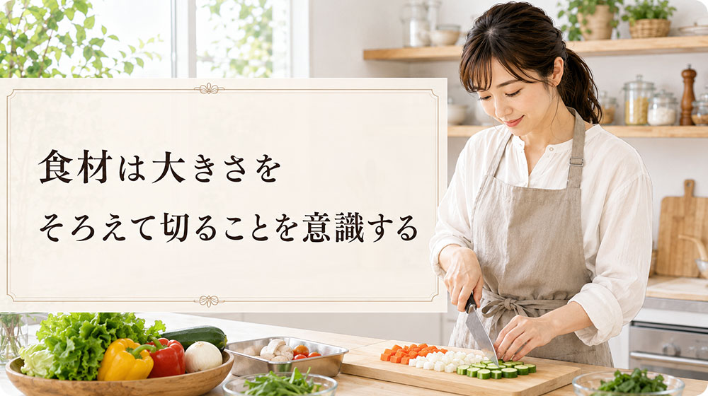 食材は大きさをそろえて切ることを意識する
