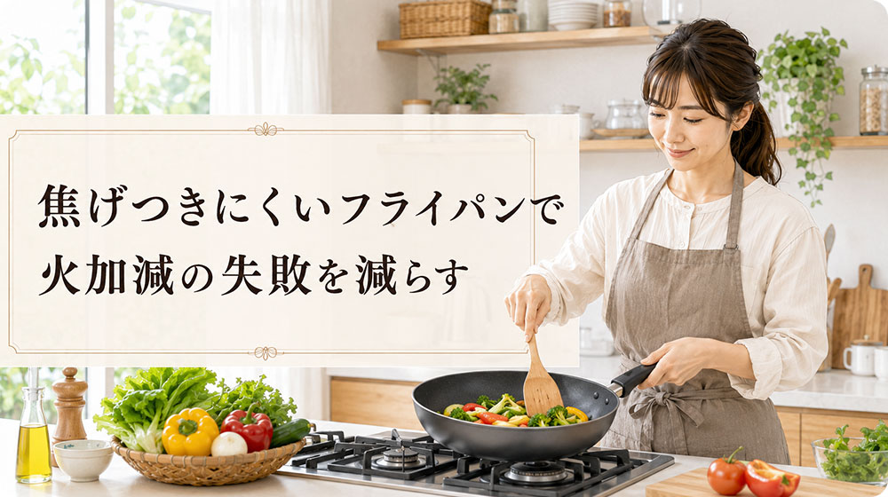焦げつきにくいフライパンで火加減の失敗を減らす